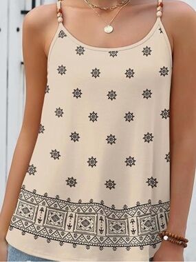 Sleeveless Beaded Strap Printed Cream Tank Top